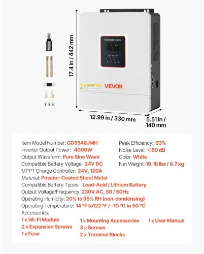 VEVOR Hibridinis saulės inverteris GD5548JMH, 4000 W, 24 V DC į 230 V AC, baltas