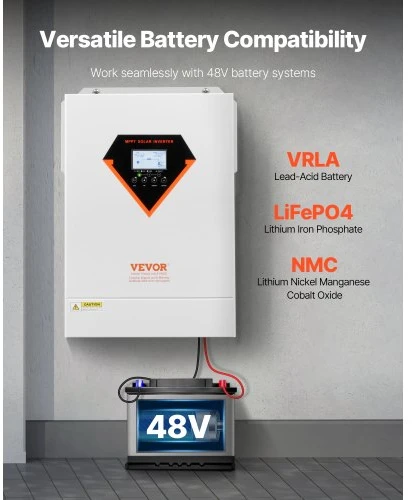 VEVOR Hibridinis saulės inverteris EM6200-48L, 6000 W, 48 V DC į vienfazį 220/230 V AC, 45 x 31 x 13 cm