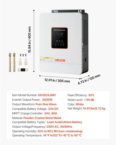 VEVOR Hibridinis saulės inverteris GD3024JMH, 3000 W, 24 V DC į 230 V AC, baltas