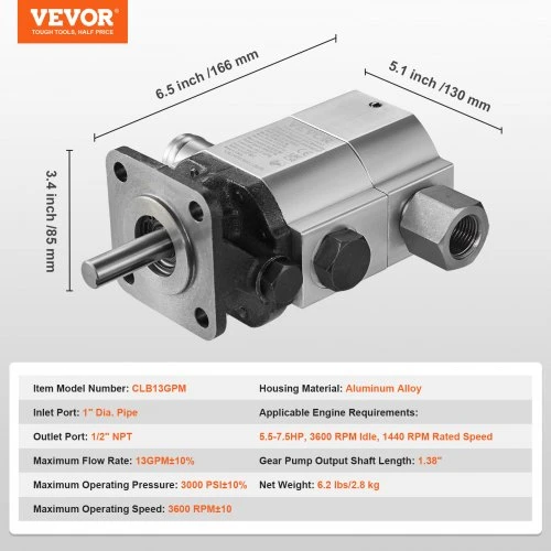 VEVOR Hidraulinis malkų skaldytuvo siurblys CLB13GPM, 49,2 l/min, 2 pakopų, aliuminio lydinys, 13 x 8,5 x 16,6 cm