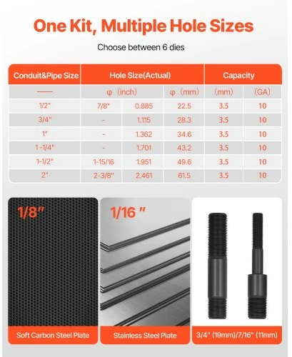 Koduva Hidraulinis skylių išmušimo rinkinys VEVOR TPA-10, 98,07 kN, 6 štampų rinkiniai, 12,7-50,8 mm