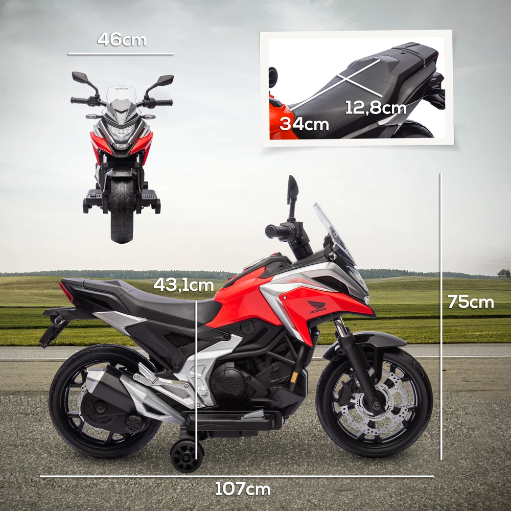 Aosom Honda elektrinis vaikiškas motociklas, raudonas, 107 x 46 x 75 cm, iki 30 kg