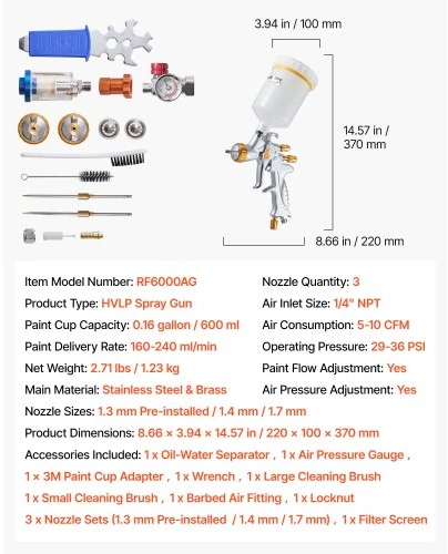 Koduva HVLP dažymo pistoletas VEVOR RF6000AG, 600 ml, su 3 purkštukais 1,3/1,4/1,7 mm