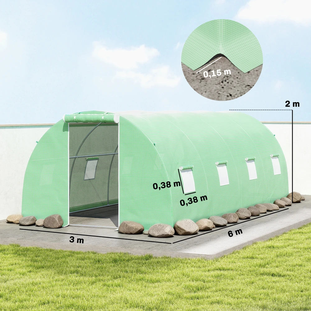 Aosom Įeinamas plėvelinis šiltnamis, 8 langai su tinkleliu nuo vabzdžių, tvirta plėvelė, plieno rėmas, žalias, 6 x 3 x 2 m