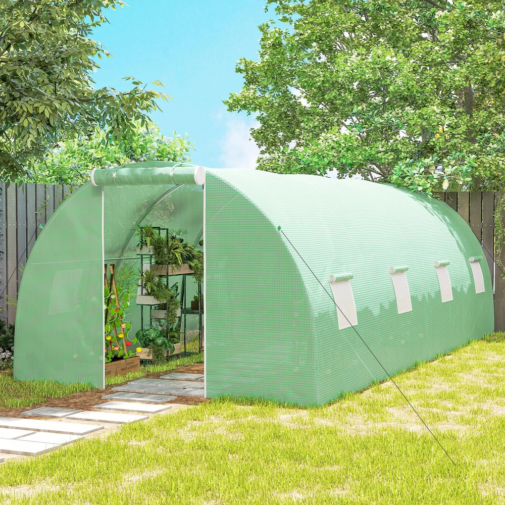 Aosom Įeinamas plėvelinis šiltnamis, 8 langai su tinkleliu nuo vabzdžių, tvirta plėvelė, plieno rėmas, žalias, 6 x 3 x 2 m