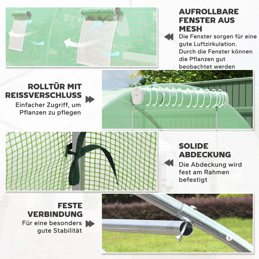 Aosom Įeinamas plėvelinis šiltnamis, 8 langai su tinkleliu nuo vabzdžių, tvirta plėvelė, plieno rėmas, žalias, 6 x 3 x 2 m