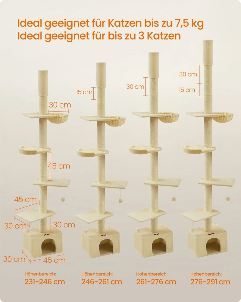 Koduva Iki lubų kačių draskyklė, reguliuojamo aukščio 231–291 cm, smėlio spalvos