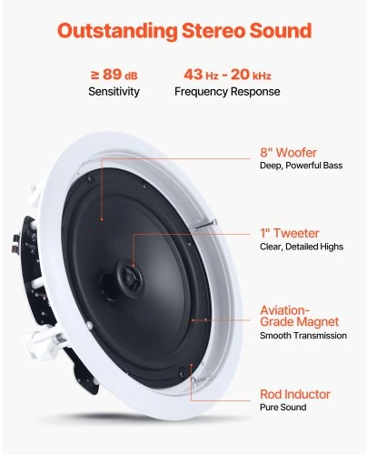 VEVOR Įleidžiami lubiniai garsiakalbiai 878, 20 cm, 150 W, 2 vnt.