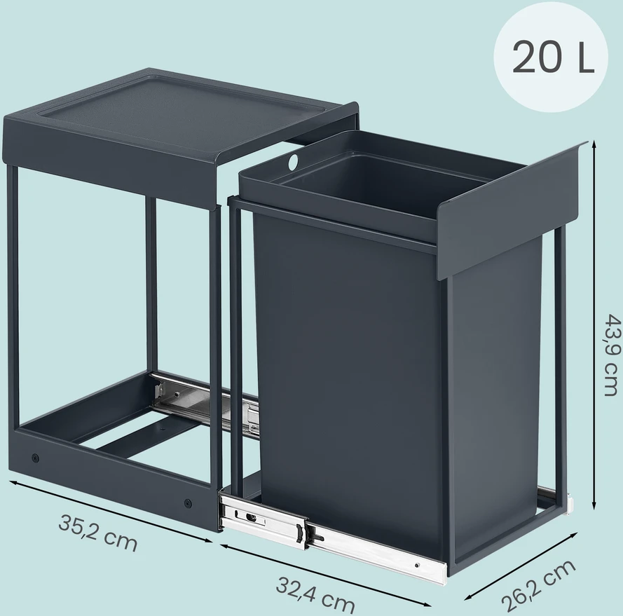 Koduva Įmontuojama virtuvės šiukšliadėžė spintelei, 20 l, pilka, 34,7 x 25,7 x 43,4 cm