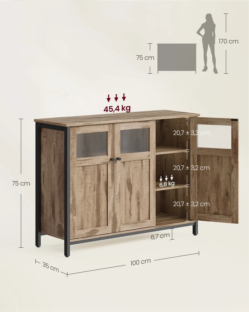 Koduva Indauja su stiklinėmis durimis, 35 x 100 x 75 cm, plieno rėmas, kupranugario ruda, juoda