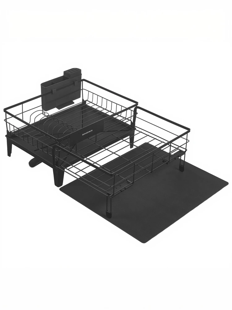 Songmics Indų džiovyklė su ištraukiamu padėklu, 360° pasukamu nutekėjimu, 31–56 x 42 x 20 cm, juoda