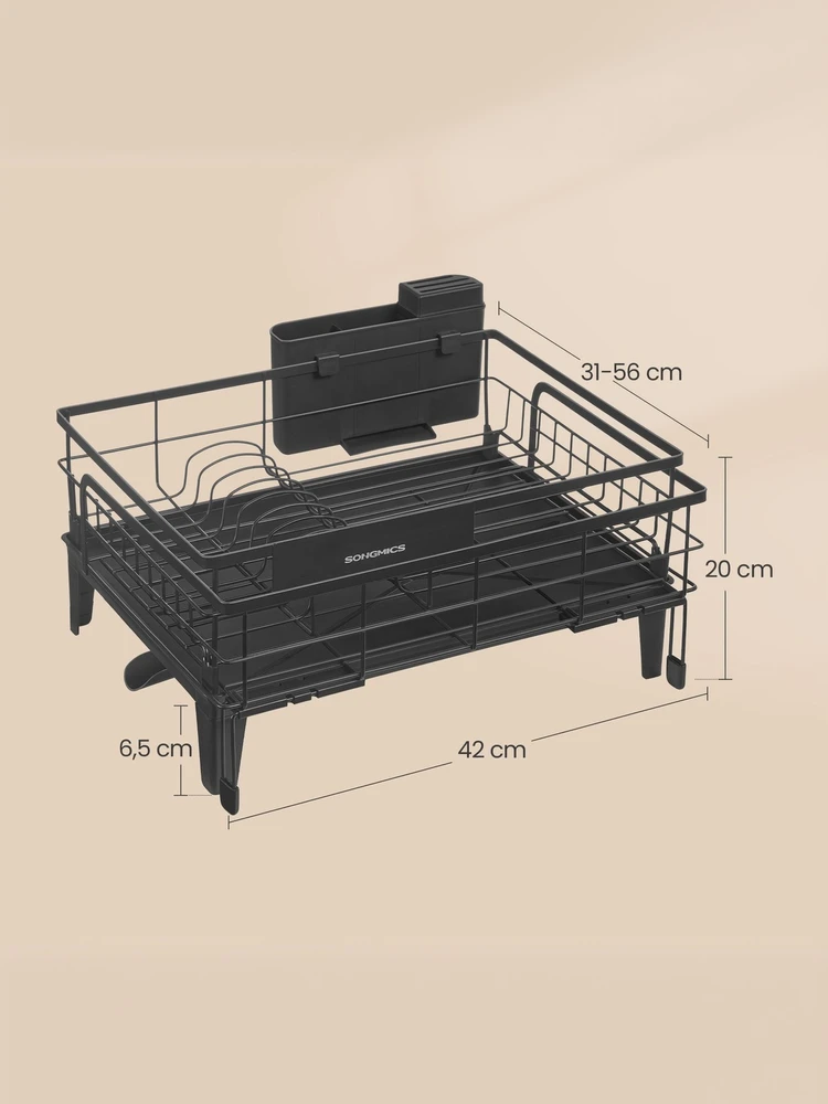 Songmics Indų džiovyklė su ištraukiamu padėklu, 360° pasukamu nutekėjimu, 31–56 x 42 x 20 cm, juoda