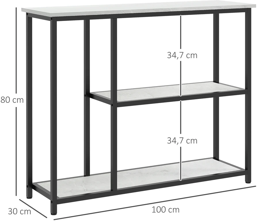 Aosom Industrinio dizaino konsolinis stalas, 2 lentynos, marmuro imitacija, juodas + baltas
