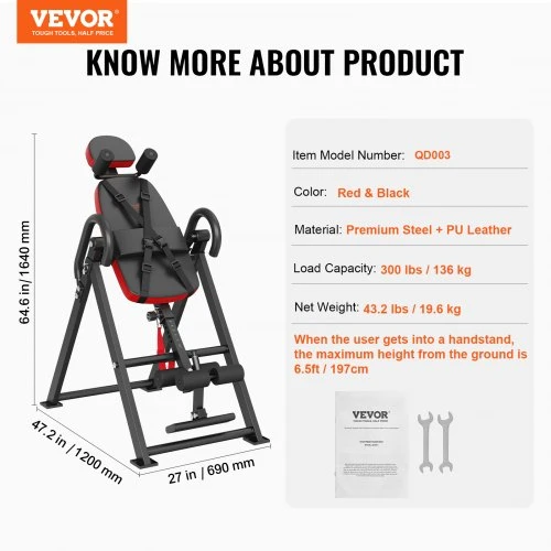 VEVOR Inversinis stalas QD003, plienas ir PU oda, raudona/juoda, iki 136 kg