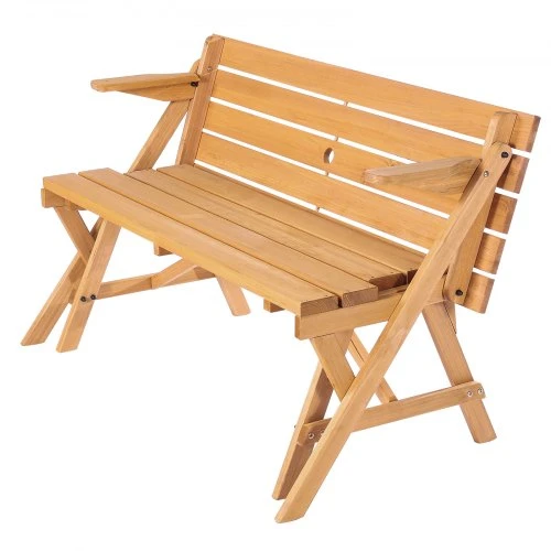 VEVOR Iškylų stalas su suolais OTPC-3V8, 2-in-1, sulankstomas, su skėčio anga, eglės mediena, rudas, 141 x 47 x 17 cm