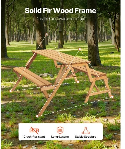 VEVOR Iškylų stalas su suolais OTPC-3V8, 2-in-1, sulankstomas, su skėčio anga, eglės mediena, rudas, 141 x 47 x 17 cm