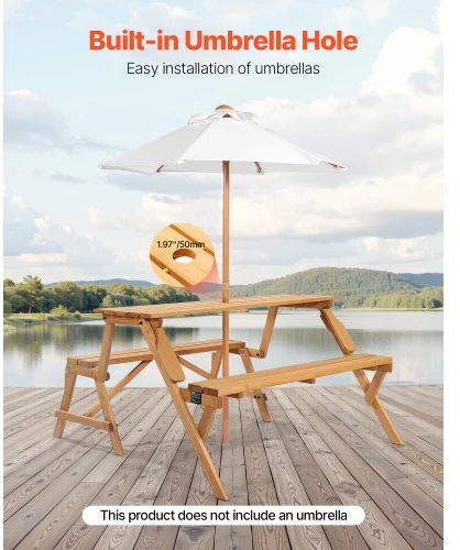VEVOR Iškylų stalas su suolais OTPC-3V8, 2-in-1, sulankstomas, su skėčio anga, eglės mediena, rudas, 141 x 47 x 17 cm