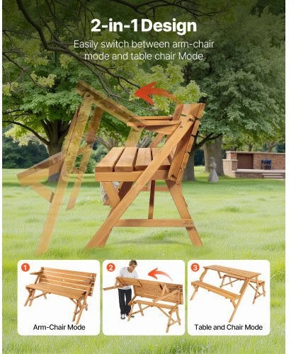 VEVOR Iškylų stalas su suolais OTPC-3V8, 2-in-1, sulankstomas, su skėčio anga, eglės mediena, rudas, 141 x 47 x 17 cm