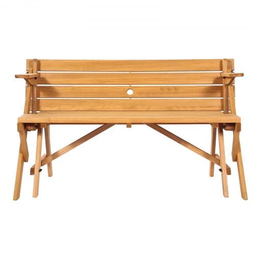 VEVOR Iškylų stalas su suolais OTPC-3V8, 2-in-1, sulankstomas, su skėčio anga, eglės mediena, rudas, 141 x 47 x 17 cm