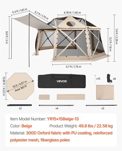VEVOR Išskleidžiama pavėsinės tipo palapinė su tinkleliu, 4,57 x 4,57 m, smėlio spalvos