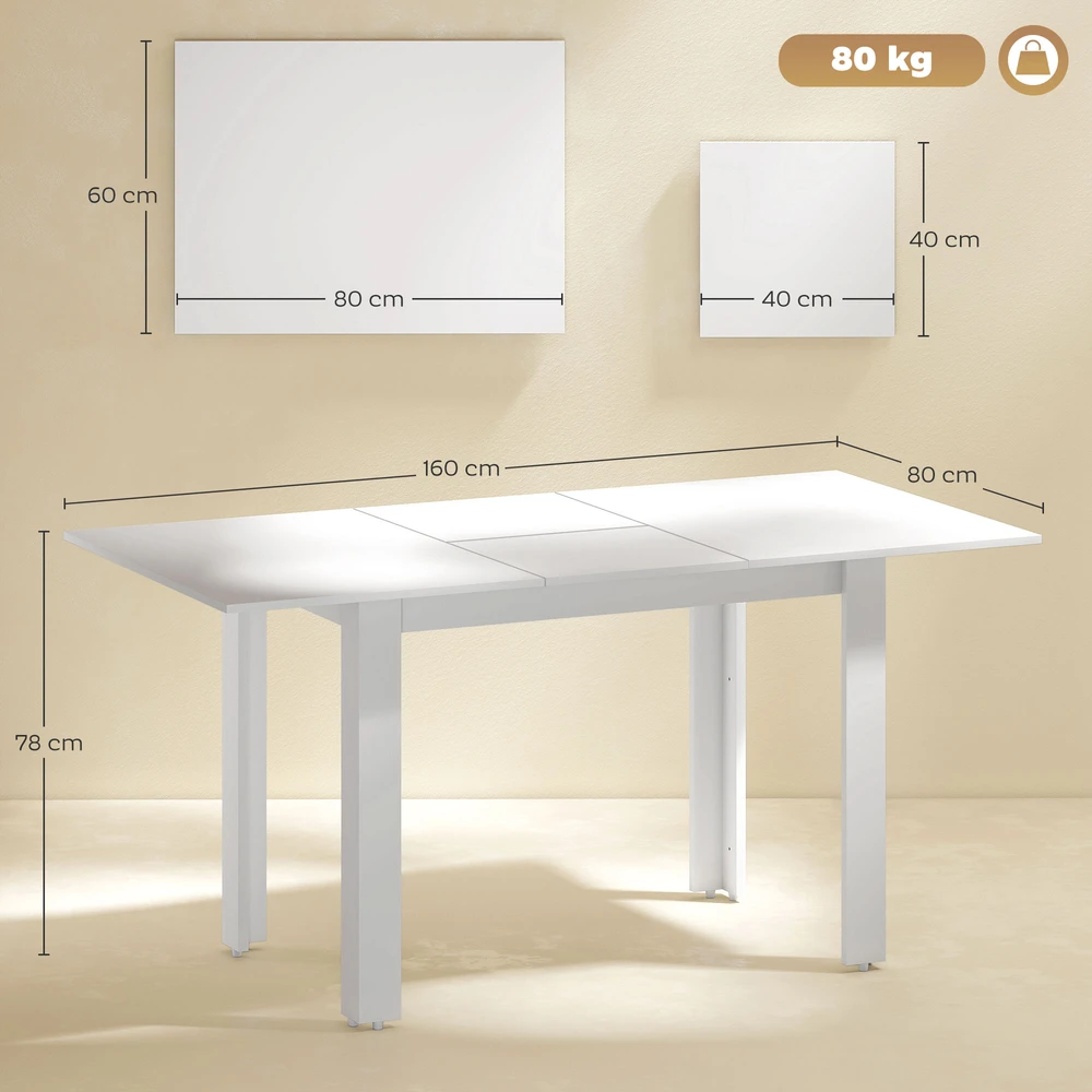 Aosom Išskleidžiamas valgomojo stalas, 120-160 x 80 cm, blizgiai balta, MDF
