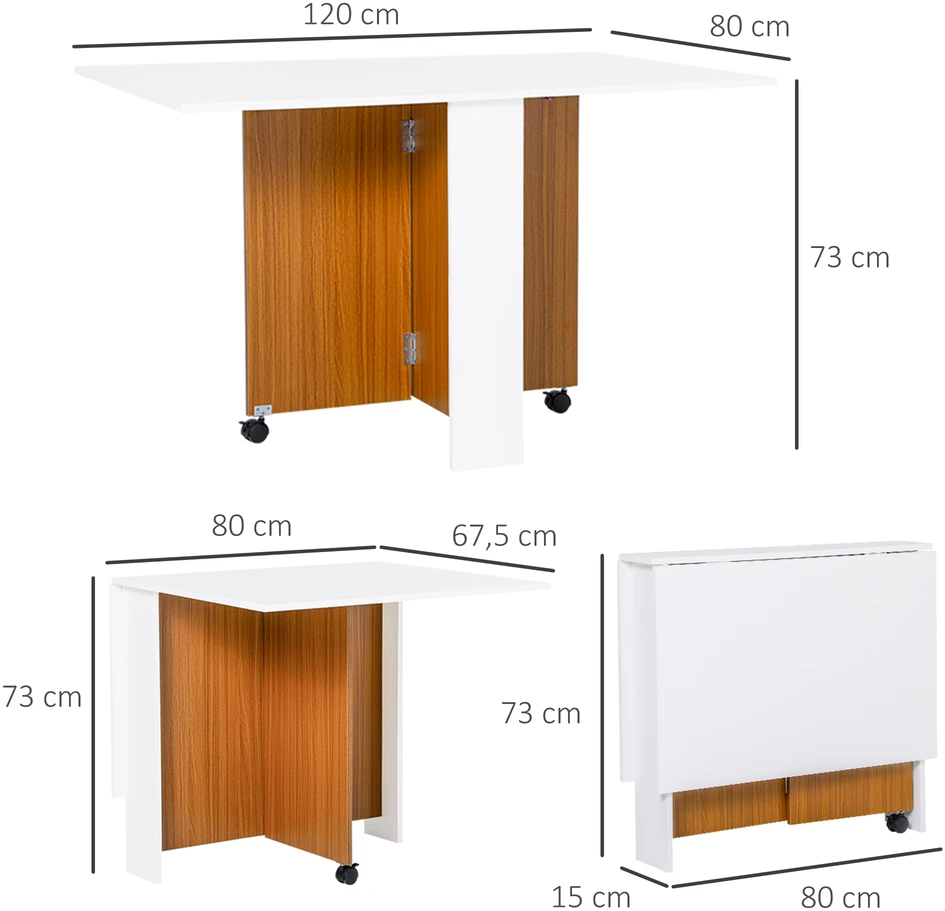 Aosom Išskleidžiamas valgomojo stalas su ratukais, teak ir balta, 120 x 80 x 73 cm