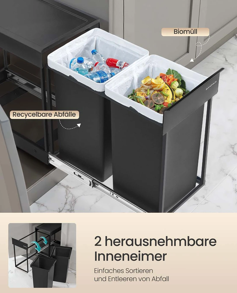 Koduva Ištraukiama atliekų rūšiavimo šiukšliadėžė su 2 skyriais, 2 x 15 l, plieninė, juoda