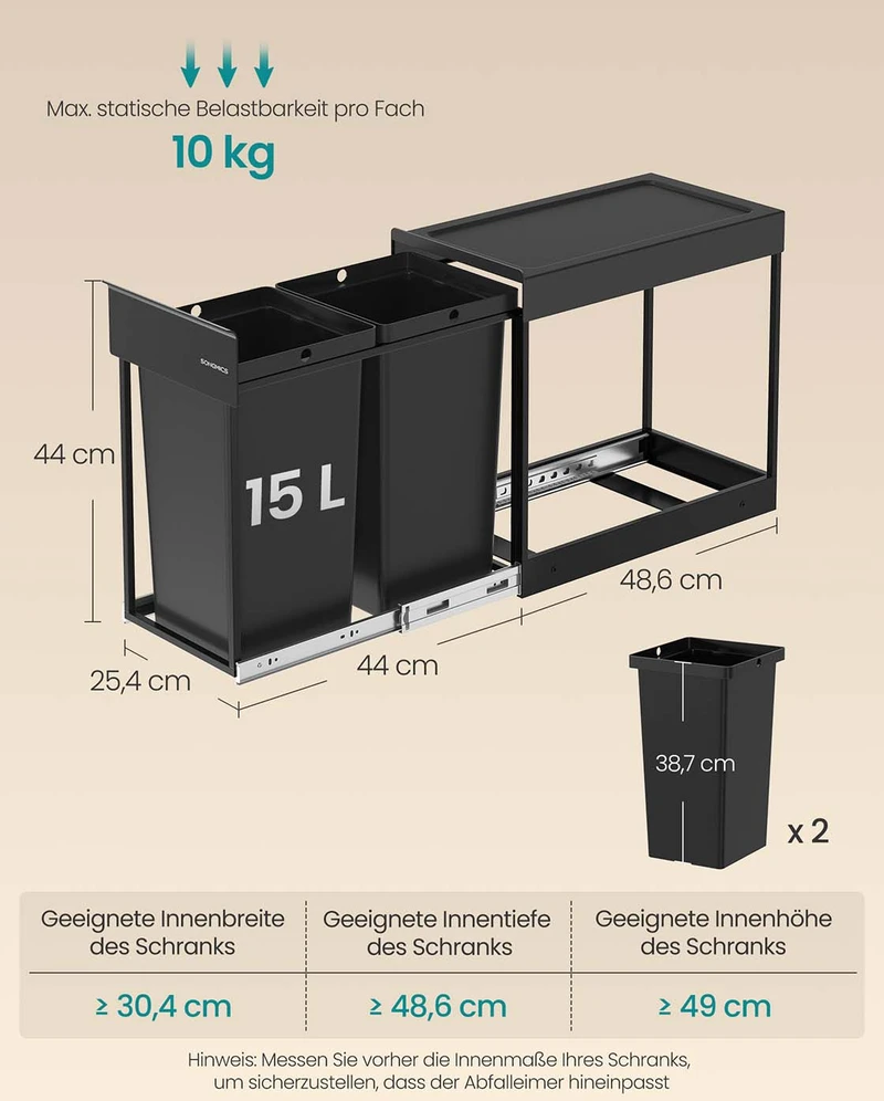 Koduva Ištraukiama atliekų rūšiavimo šiukšliadėžė su 2 skyriais, 2 x 15 l, plieninė, juoda