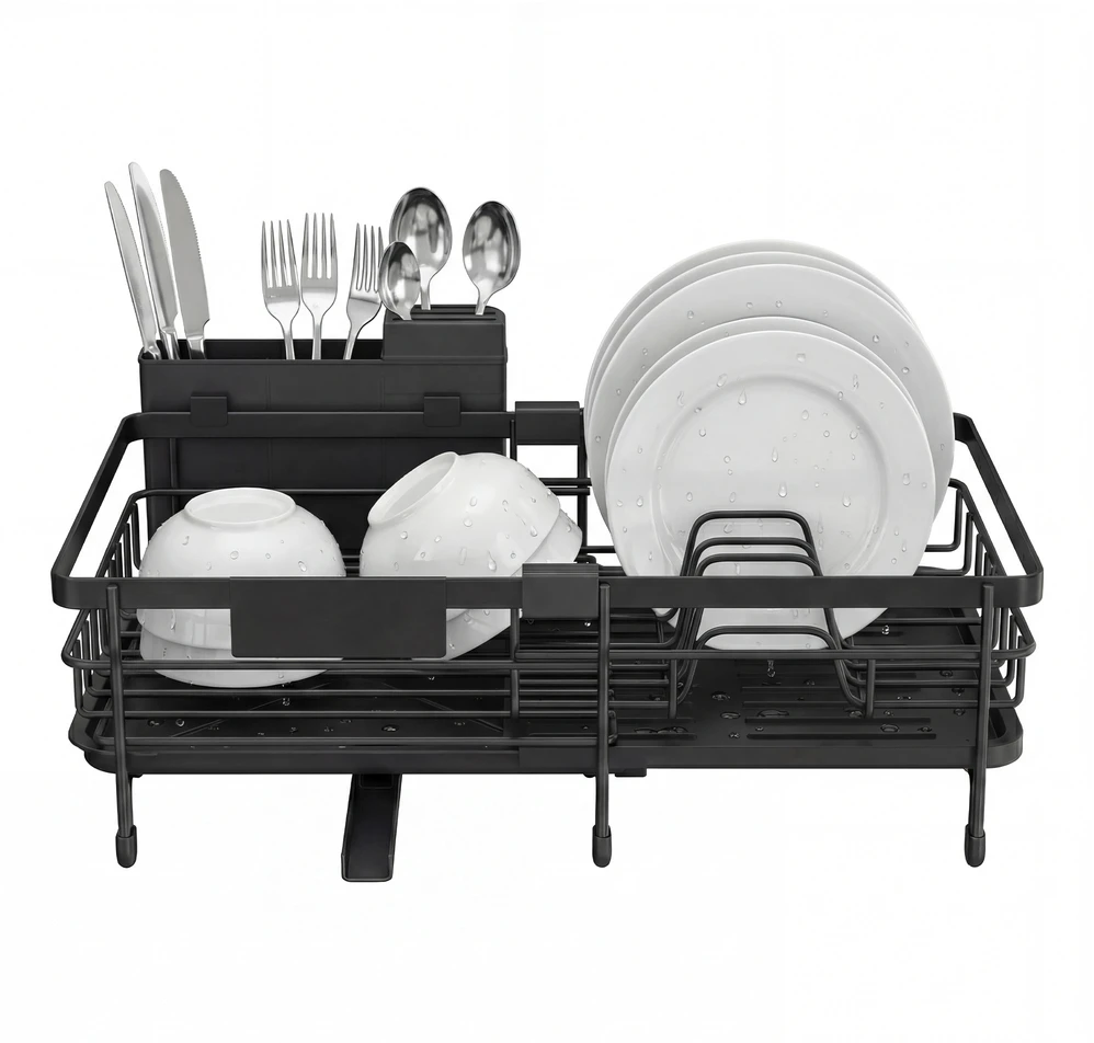 Songmics Ištraukiama indų džiovyklė iš plieno ir PP plastiko, juoda, 30,2–46,5 x 29,6 x 14 cm