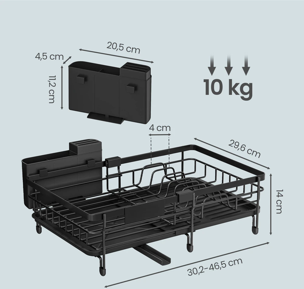 Songmics Ištraukiama indų džiovyklė iš plieno ir PP plastiko, juoda, 30,2–46,5 x 29,6 x 14 cm