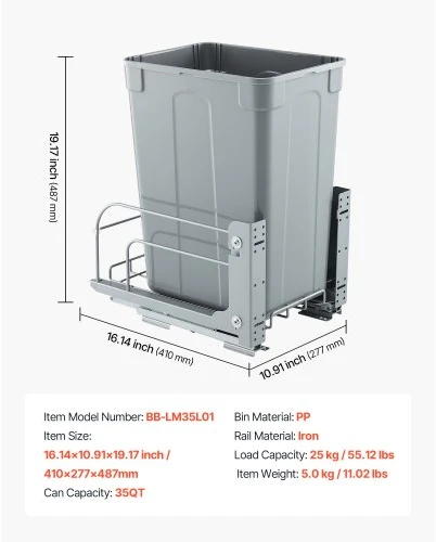 VEVOR Ištraukiama šiukšliadėžė spintelėms BB-LM35L01, 33 l, PP ir geležis, 41 x 28 x 49 cm