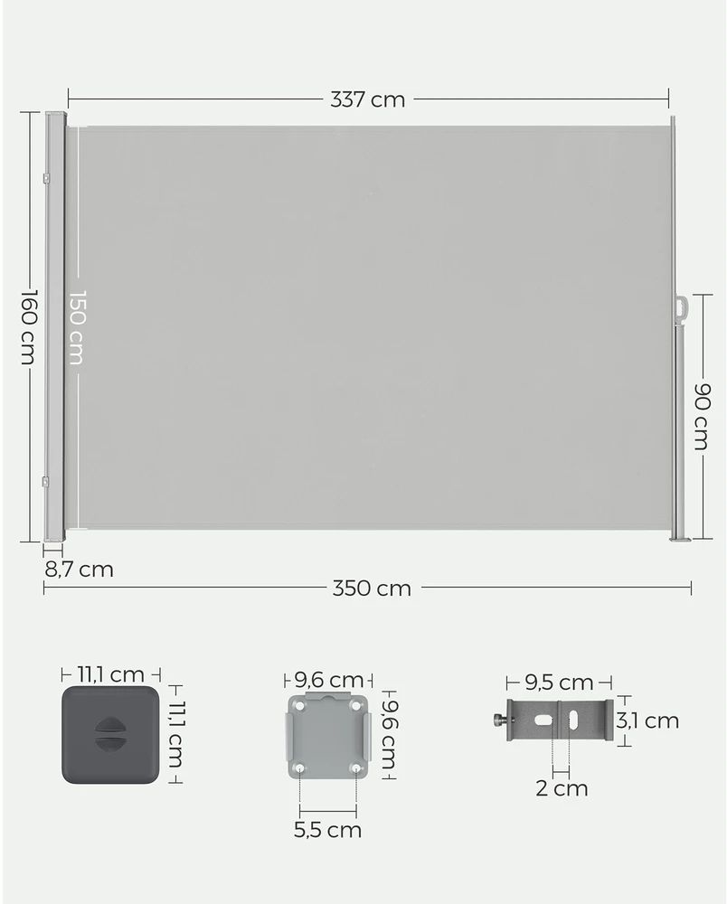 Songmics Ištraukiama šoninė markizė balkonui, 160 x 350 cm, šviesiai pilka