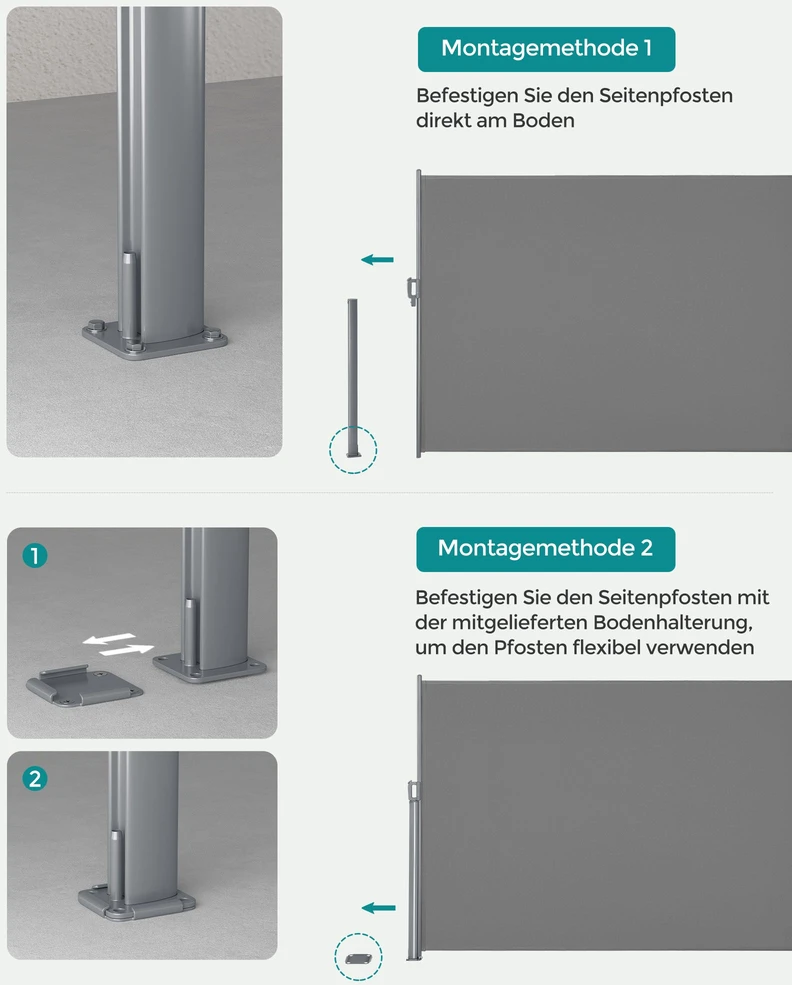 Songmics Ištraukiama šoninė markizė balkonui ir terasai, pilka, 1,8 x 3,5 m, aliuminis, PU danga