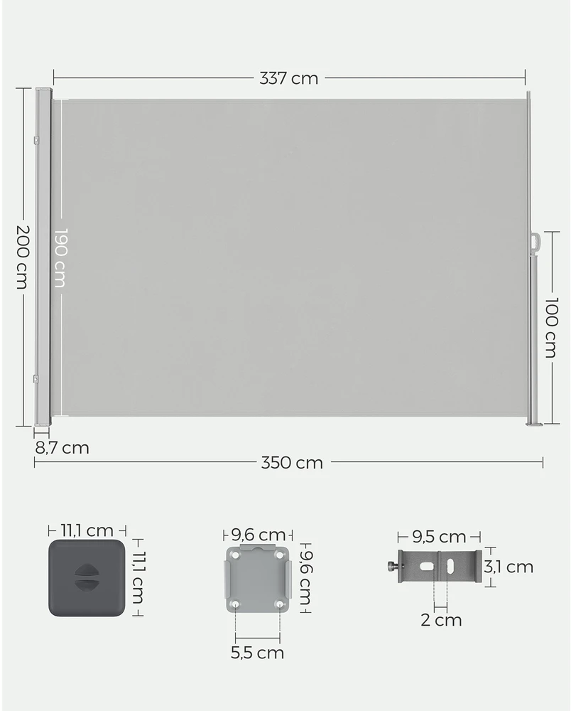 Songmics Ištraukiama šoninė markizė balkonui, 200 x 350 cm, šviesiai pilka