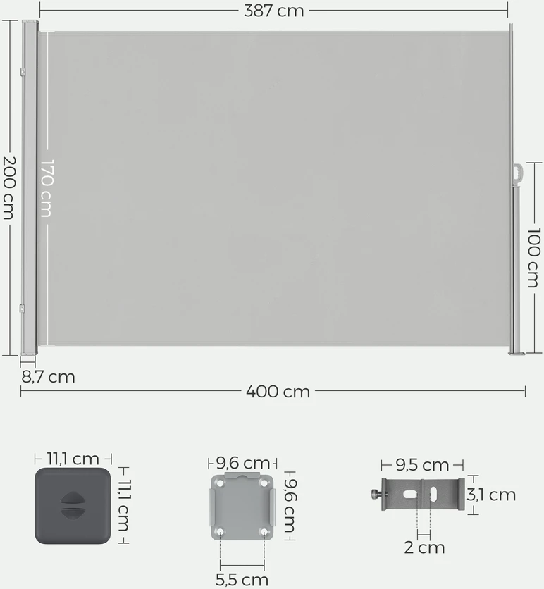 Songmics Ištraukiama šoninė markizė privatumo apsaugai, 200 x 400 cm, šviesiai pilka