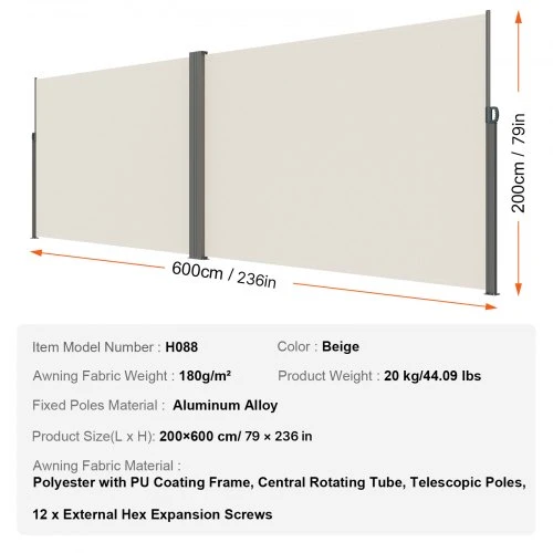 Koduva Ištraukiama šoninė markizė VEVOR, smėlio spalvos, poliesteris su PU danga, 200 x 600 cm