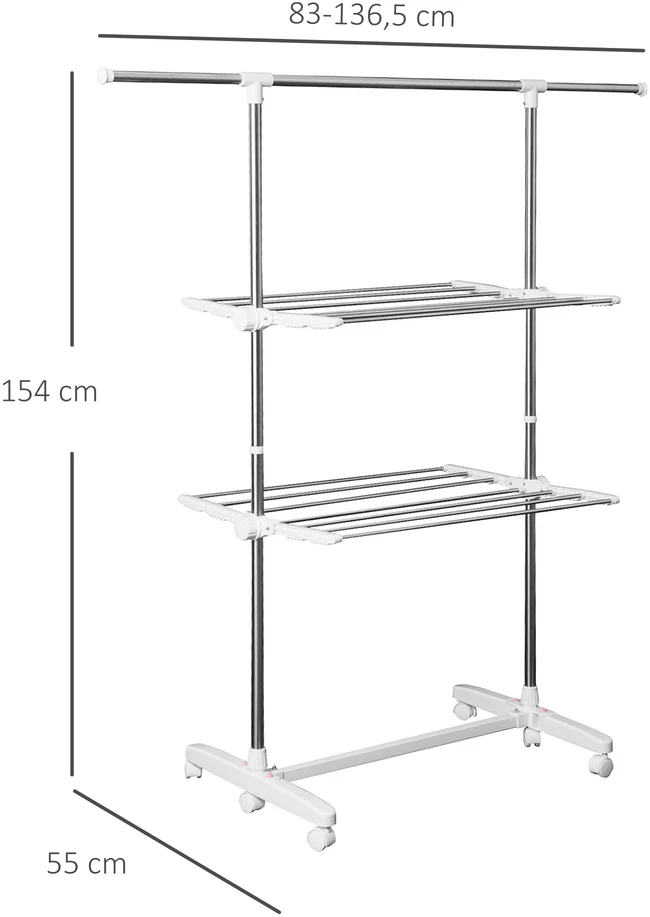 Aosom Ištraukiamas drabužių džiovyklės stovas su 3 lygiais, sulankstomi sparnai, ratukai, 154 cm, balta