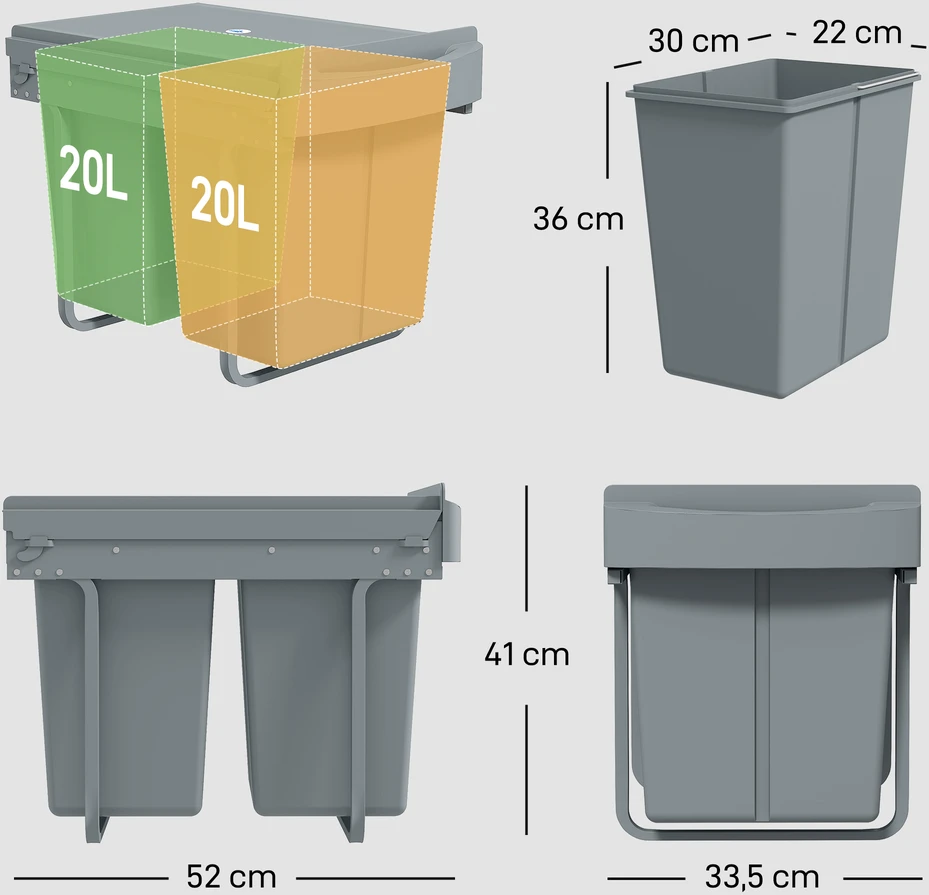 Aosom Ištraukiamas šiukšliadėžės įdėklas, 2 x 20 l, pilkas, plastikas ir metalas