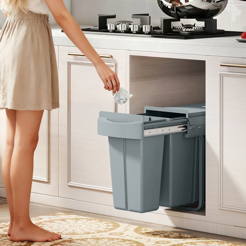 Aosom Ištraukiamas šiukšliadėžės įdėklas, virtuvės atliekų konteineris su 2 išimamais kibirėliais, rankena, 30 l (20 l + 10 l), metalas, pilkas
