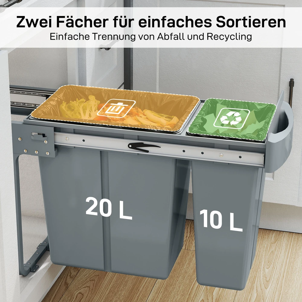 Aosom Ištraukiamas šiukšliadėžės įdėklas, virtuvės atliekų konteineris su 2 išimamais kibirėliais, rankena, 30 l (20 l + 10 l), metalas, pilkas