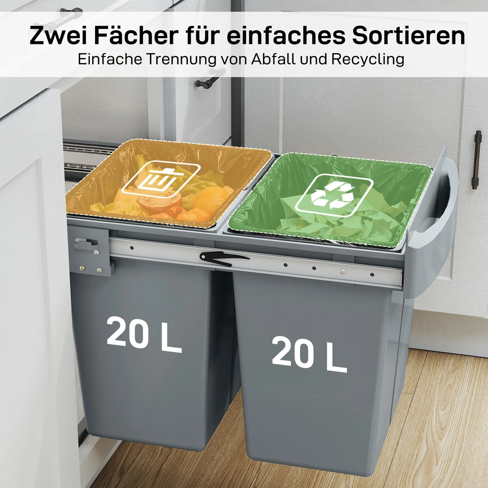 Aosom Ištraukiamas šiukšliadėžės įdėklas, 2 x 20 l, pilkas, plastikas ir metalas