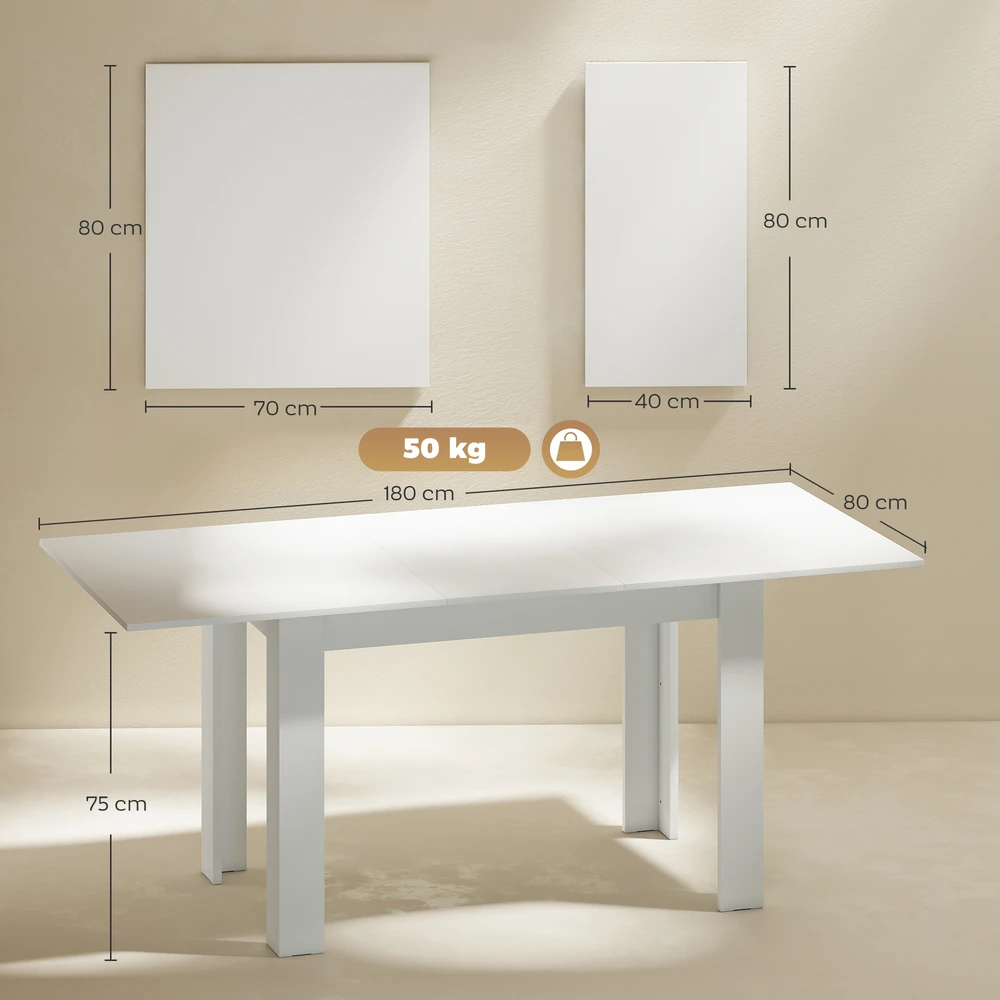 Aosom Ištraukiamas valgomojo stalas, baltas, 140/180 x 80 cm, 6–8 asmenims