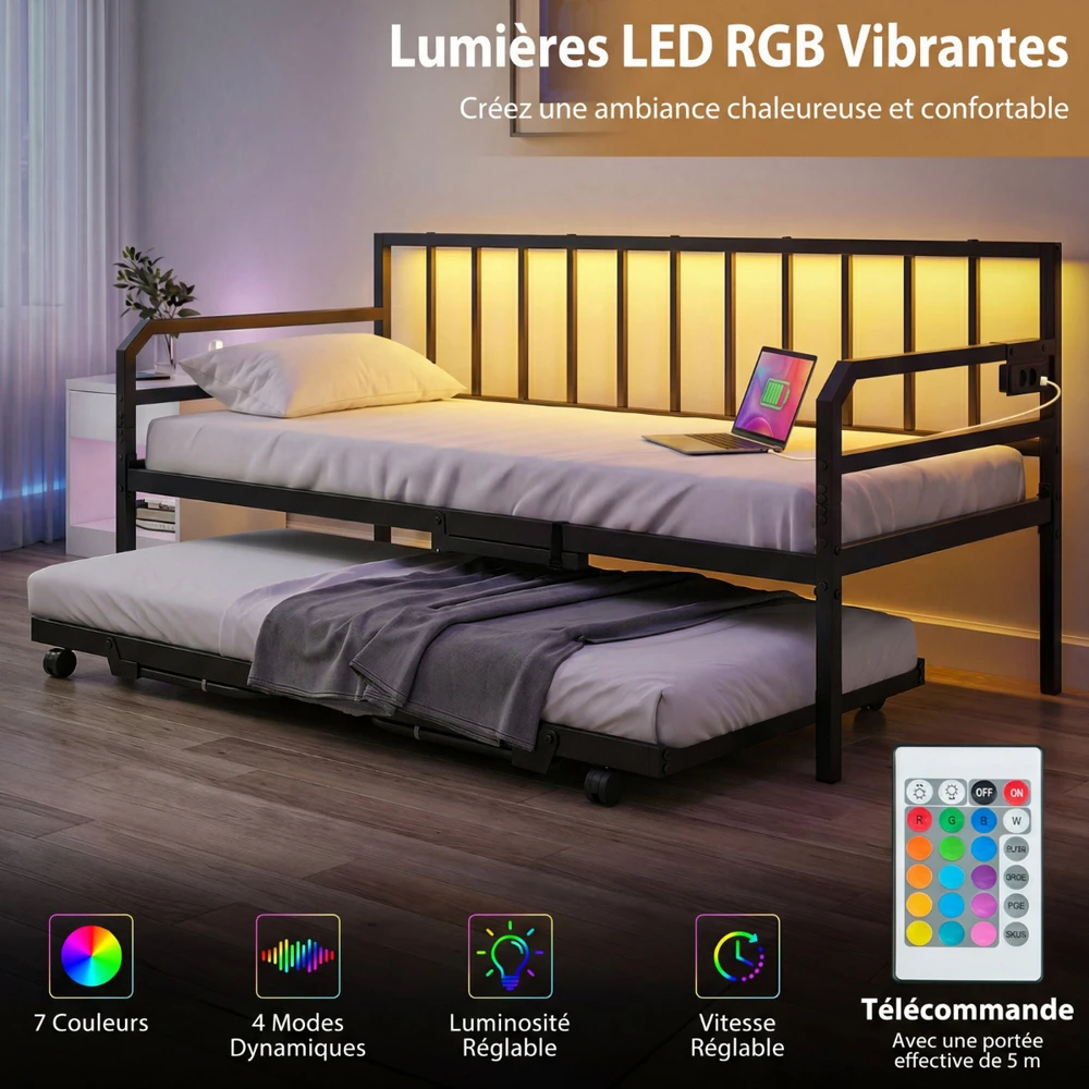 Koduva Juoda metalinė dienos lova su LED apšvietimu