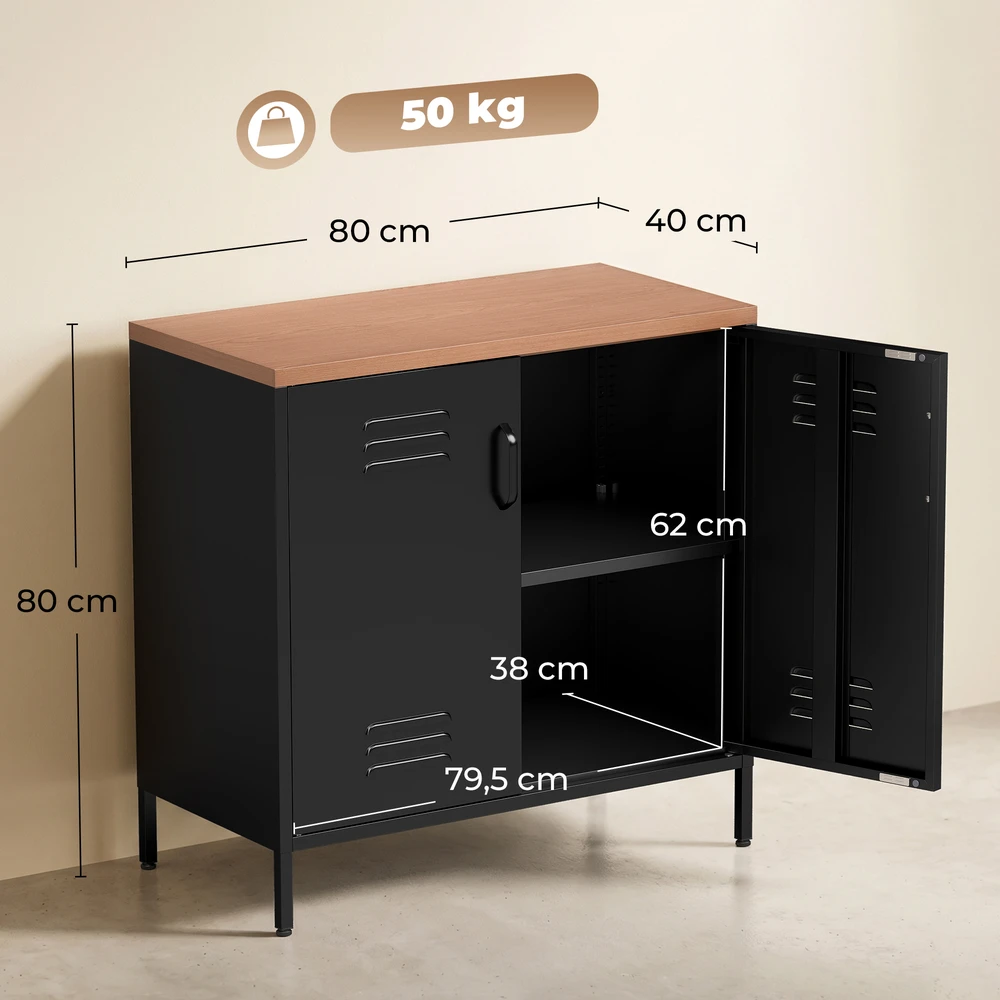 Aosom Juoda pramoninio stiliaus metalinė indauja su 2 durimis, 80 × 40 × 80 cm