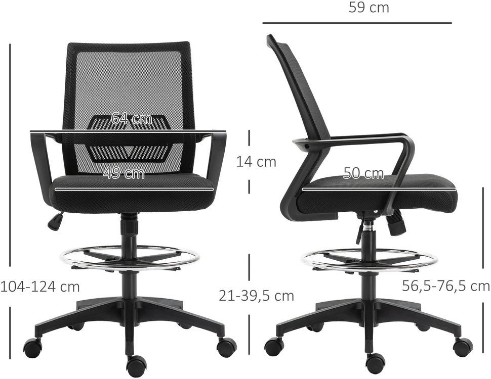 Koduva Juoda reguliuojamo aukščio braižytojo biuro kėdė su pakoju, 104–124 cm