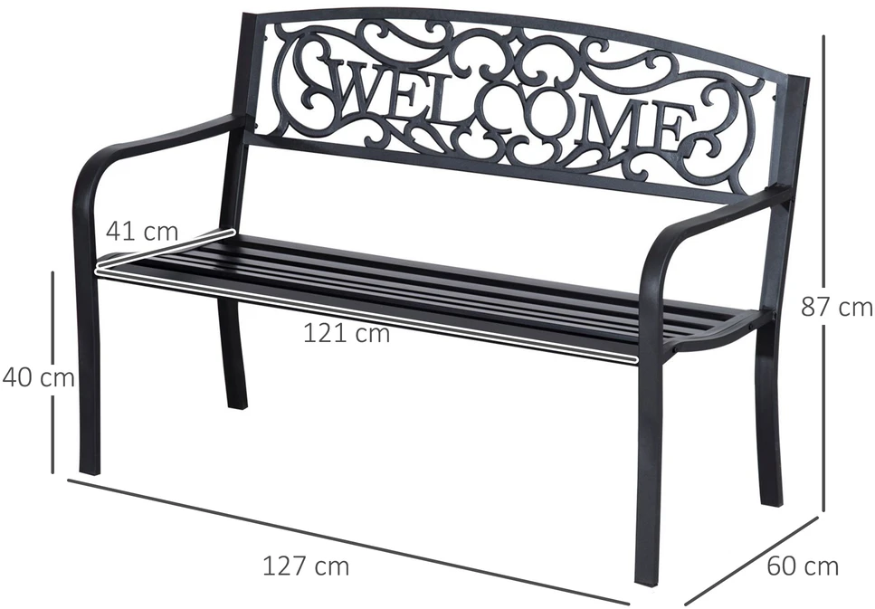 Aosom Juodas dvivietis dekoratyvinis sodo suoliukas su užrašu Welcome, 127 cm