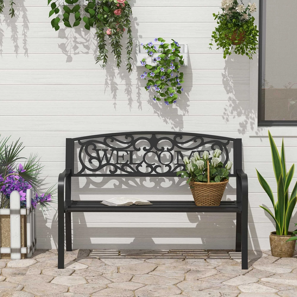 Aosom Juodas dvivietis dekoratyvinis sodo suoliukas su užrašu Welcome, 127 cm