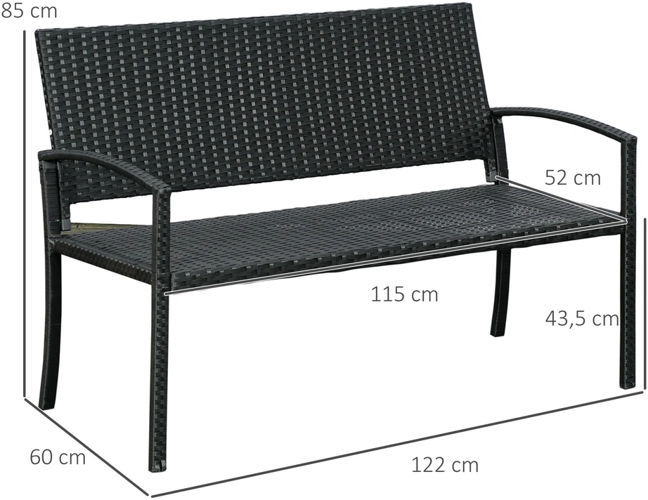 Aosom Juodas dvivietis plieno ir poliratano sodo suoliukas, 122 × 60 × 85 cm