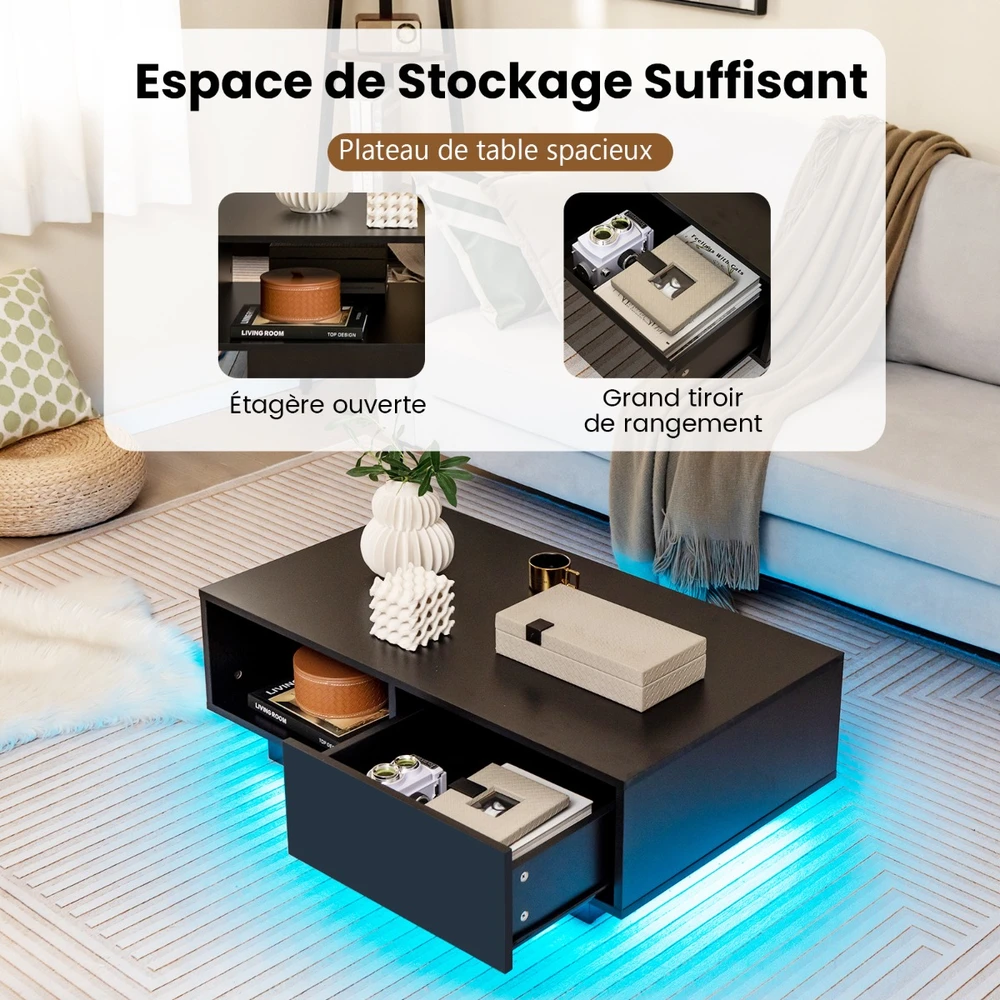 Promotion Juodas modernios LED kavos staliukas su stalčiumi