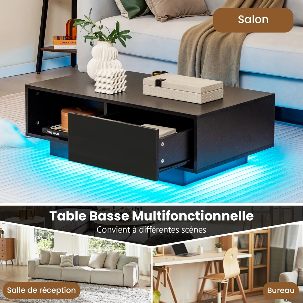 Promotion Juodas modernios LED kavos staliukas su stalčiumi